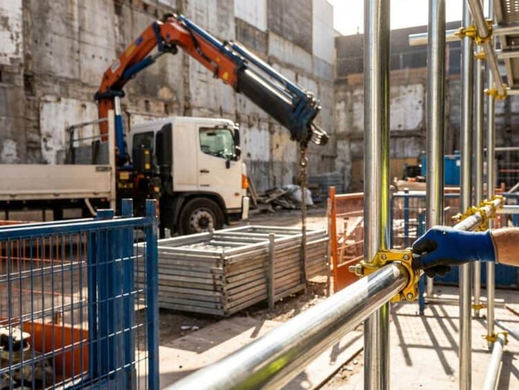 Modulaire stalen steigerbuis componenten met gele veiligheidsklemmen worden geassembleerd op bouwplaats met kraan