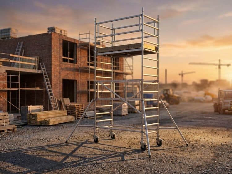 Mobiele aluminium rolsteiger op bouwplaats met bakstenen gebouw in aanbouw op de achtergrond