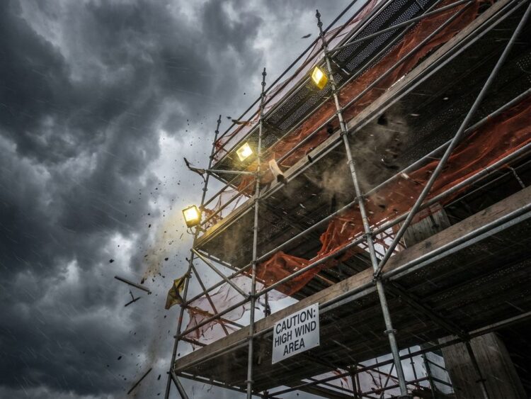 Bouwsteiger in storm met zware wind, rondvliegend puin en donkere wolken die bouwveiligheid bedreigen
