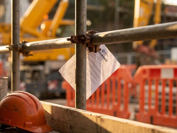 Industriële steigerbuizen met klemmen, verzekeringsdocument en oranje helm op bouwplaats met dramatische belichting