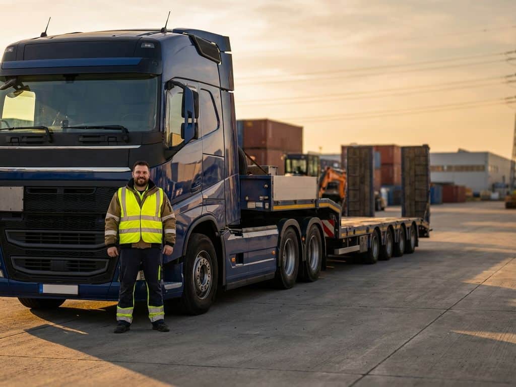 Professionele vrachtwagenchauffeur in reflectievest naast moderne CE-gelicenseerde oplegger in logistieke werf