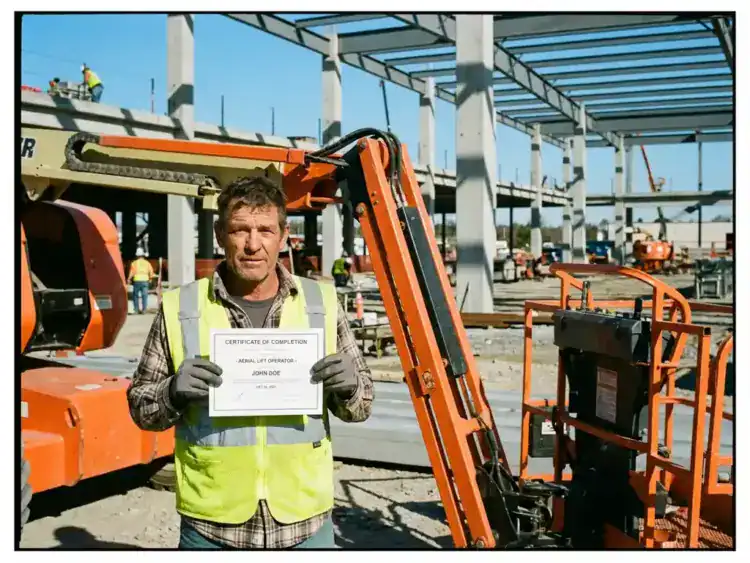 Bouwvakker in gele veiligheidsvest toont certificaat naast hoogwerker op bouwplaats met betonnen constructie