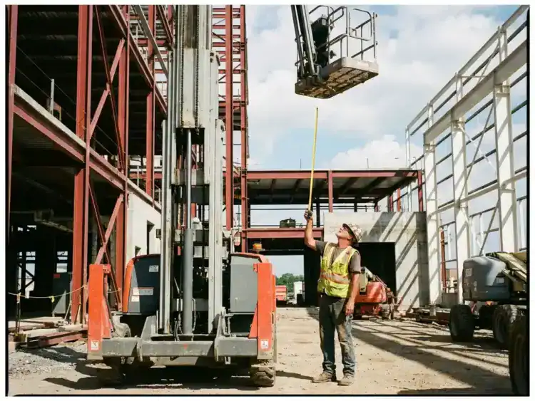 Bouwvakker met meetlint naast hoge hefplatform op industriële bouwplaats met onvoltooid gebouw op achtergrond