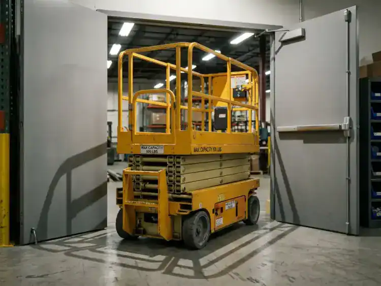 Compacte hoogwerker met gele veiligheidsreling past door standaard deuropening in industriële magazijnhal