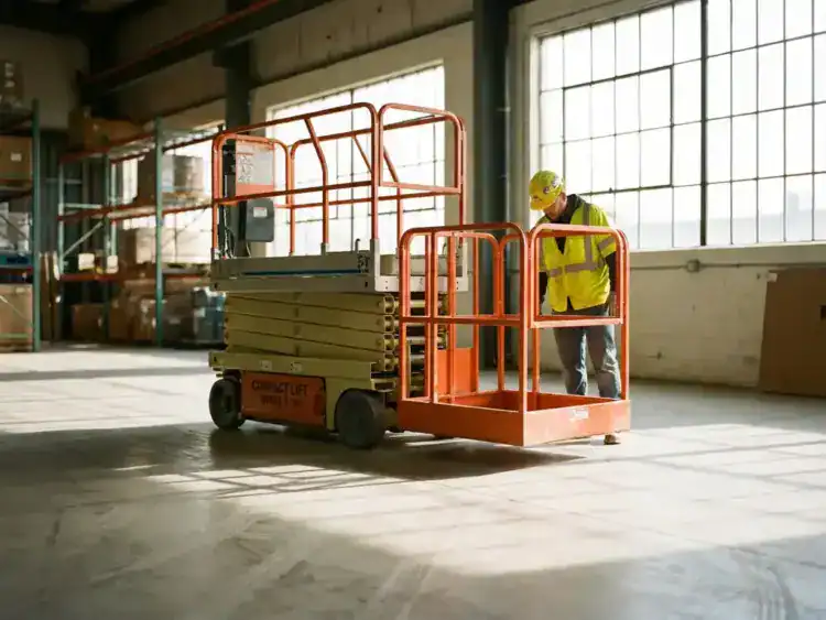 Compacte schaarlift met oranje veiligheidshekken in magazijn, bouwvakker in hesje toont schaal van kleinste luchtplatform