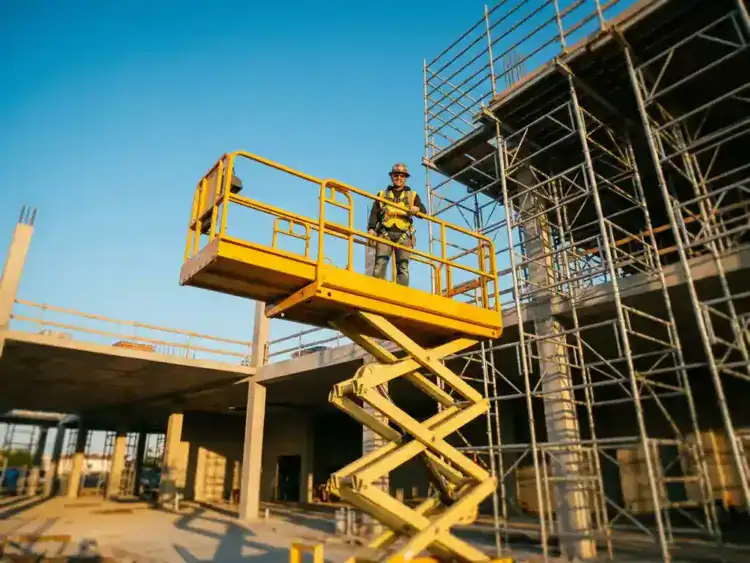 Bouwvakker op gele schaarlift platform bij commercieel gebouw met steigers, dramatisch perspectief vanaf beneden