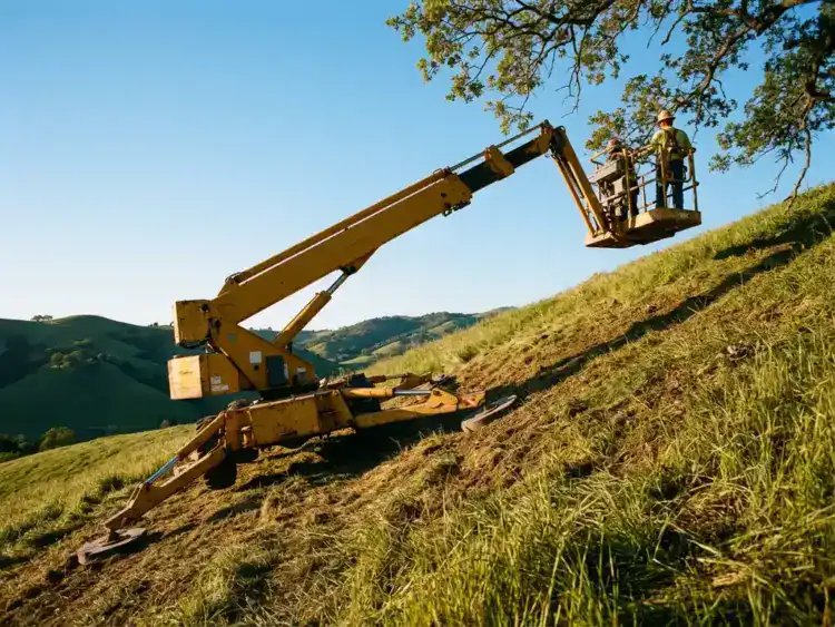 Gele hoogwerker met uitgeschoven hydraulische lift op steile heuvel, bouwvakker in mand bij boomtakken