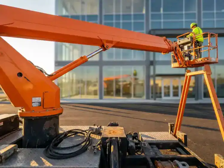 Oranje hoogwerker met uitgeschoven telescooparm, bouwvakker in veiligheidsvest bedient besturing vanuit werkbak