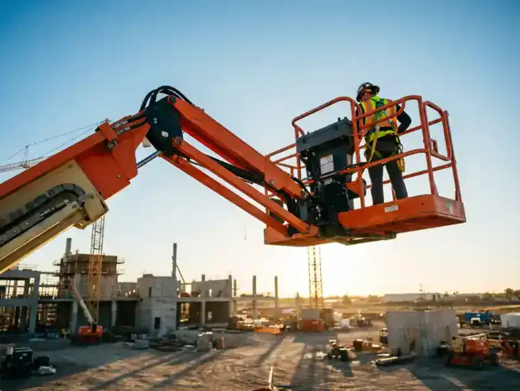 Oranje hoogwerker met operator in veiligheidsuitrusting op bouwplaats tegen blauwe hemel tijdens gouden uur