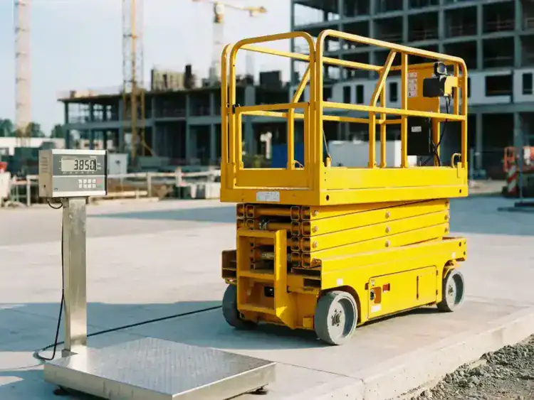 Gele schaarlift van 10 meter op betonnen oppervlak naast industriële weegschaal op bouwplaats