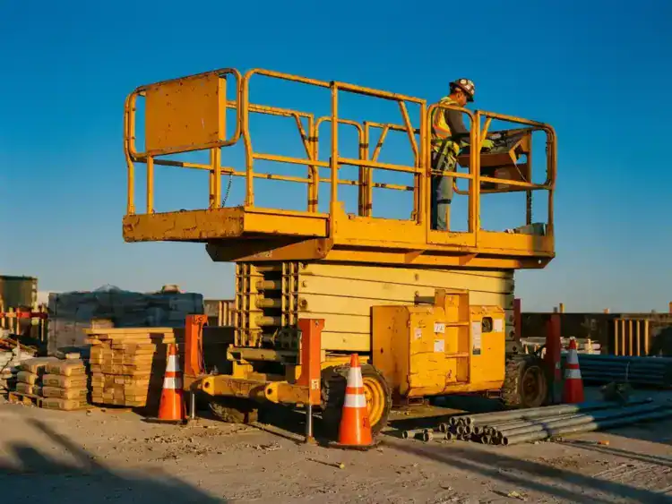 Gele schaarlift met bouwvakker in veiligheidskleding op bouwplaats met verkeerskegels en bouwmaterialen