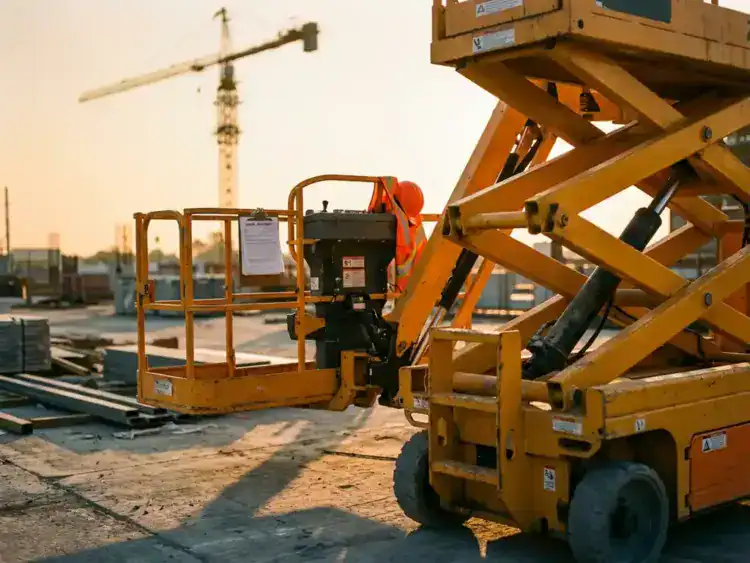 Gele schaarlift op bouwplaats met veiligheidsuitrusting en huurcontract, kraan op achtergrond bij zonsondergang
