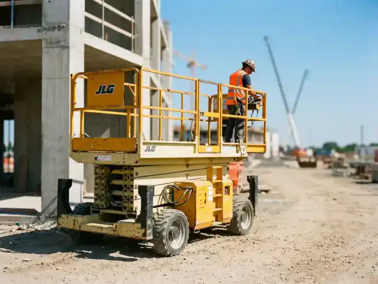 Gele schaarlift met bouwvakker in hoogwerker op bouwplaats met betonnen gebouw op achtergrond
