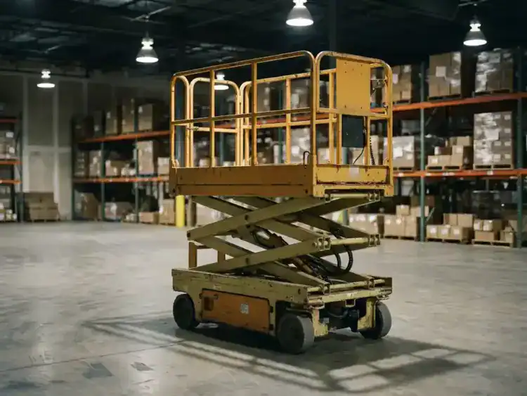 Gele schaarlifter in magazijn met veiligheidsrails en hydraulische componenten, gefotografeerd vanuit lage hoek