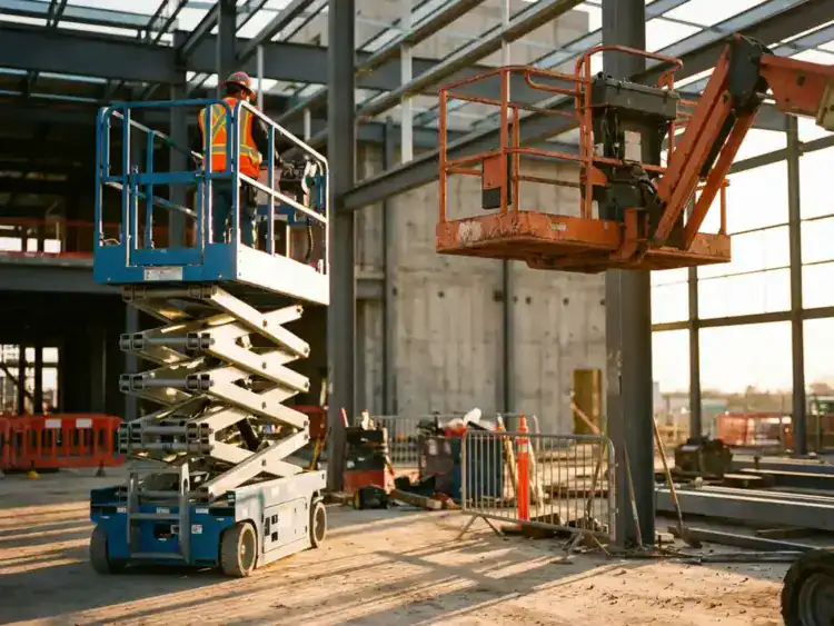 Bouwvakker bedient schaarlift naast hoogwerker op industriële bouwplaats tijdens gouden uur