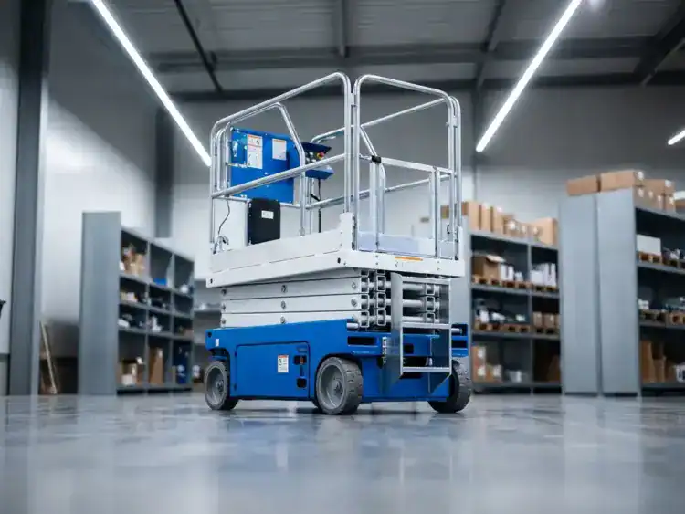 Compacte schaarlift met wit-blauw frame op gepolijste betonvloer in moderne magazijnhal met LED-verlichting
