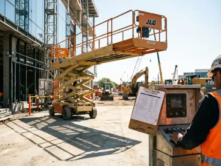 Gele schaarlift op bouwplaats met werker in veiligheidsvest die bedieningspaneel met huurprijslijst gebruikt