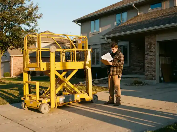 Persoon met huurcontract naast gele schaarlift op oprit van woonhuis, lift op werkhoogte gepositioneerd