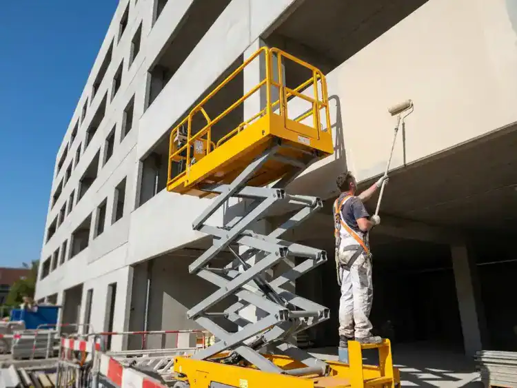 Professionele schilder op hoogwerker schildert buitenmuur van gebouw met verfroller onder blauwe hemel