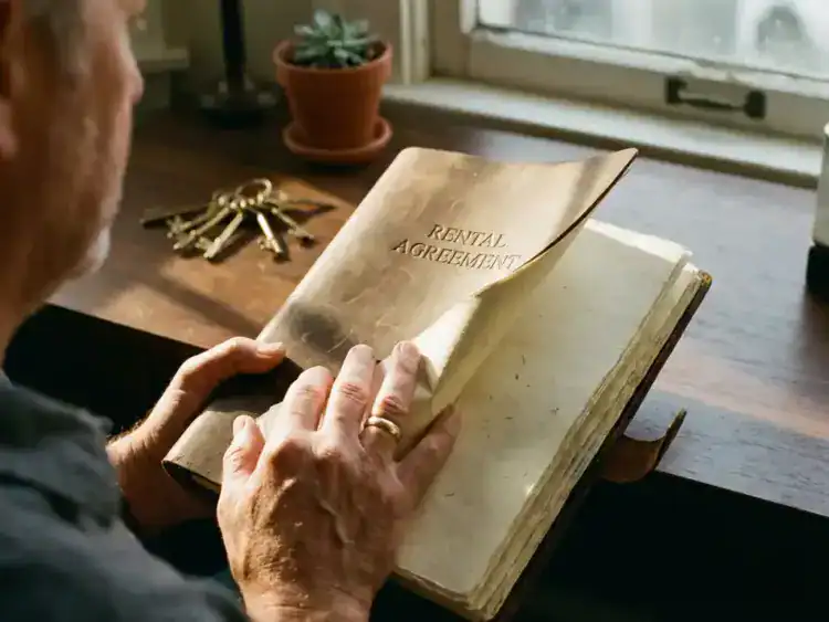 Makelaar houdt huurcontract vast aan houten bureau met huissleutels en plant op de achtergrond