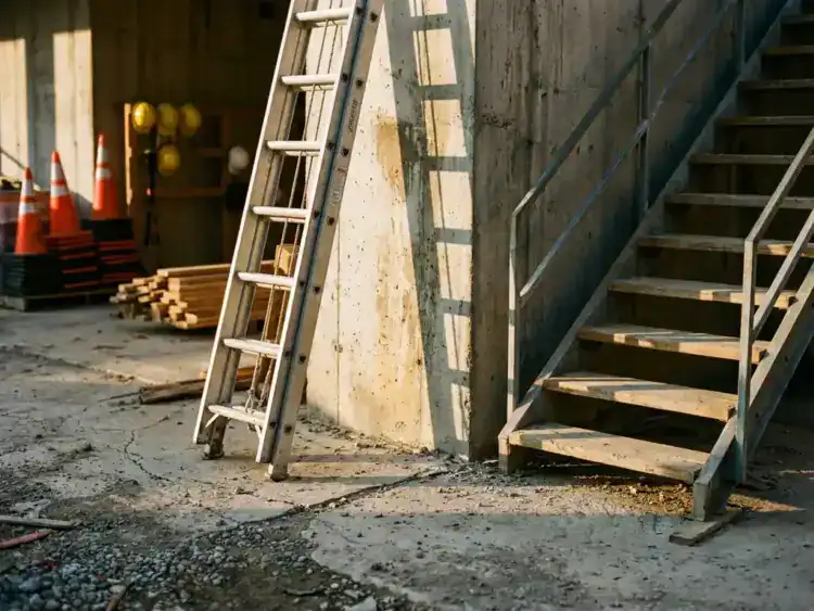 Aluminium uitschuifladder tegen betonnen muur naast houten trap met metalen leuningen op industriële bouwplaats