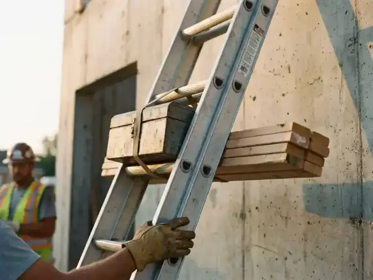 Aluminium uitschuifladder tegen betonnen muur met zware stalen gereedschapskist en bouwmaterialen op sport