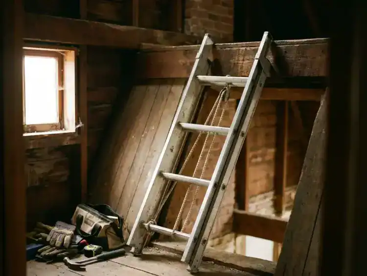 Aluminium uitschuifladder tegen houten trap geplaatst, constructiegereedschap op de vloer, warm natuurlijk licht
