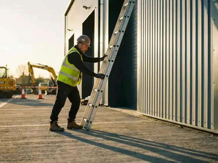 Bouwvakker in veiligheidskleding plaatst aluminium uitschuifladder tegen modern industrieel gebouw tijdens gouden uur