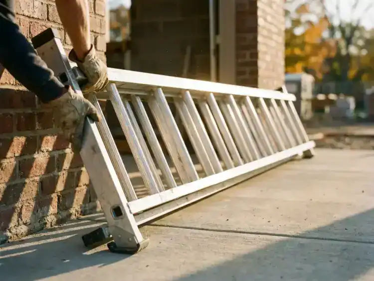 Aluminium uitschuifladder tegen bakstenen muur onder perfecte 75-graden hoek, werker controleert stabiliteit met handschoenen