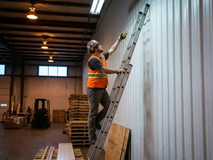 Professionele werker in veiligheidsuitrusting staat op volledig uitgeschoven aluminium verlengladder tegen magazijnmuur, reikt omhoog met meetlint