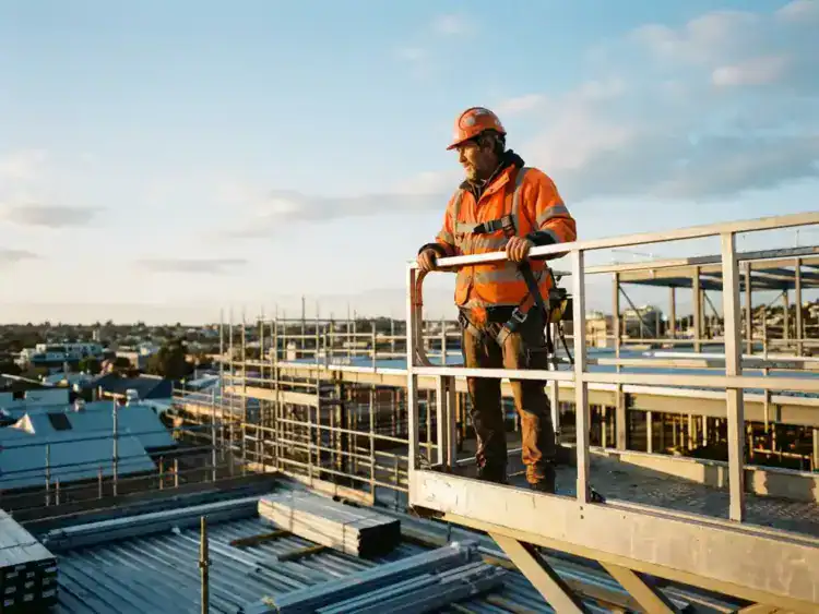 Bouwvakker in oranje veiligheidskleding op hoogwerker boven bouwplaats tijdens gouden uur