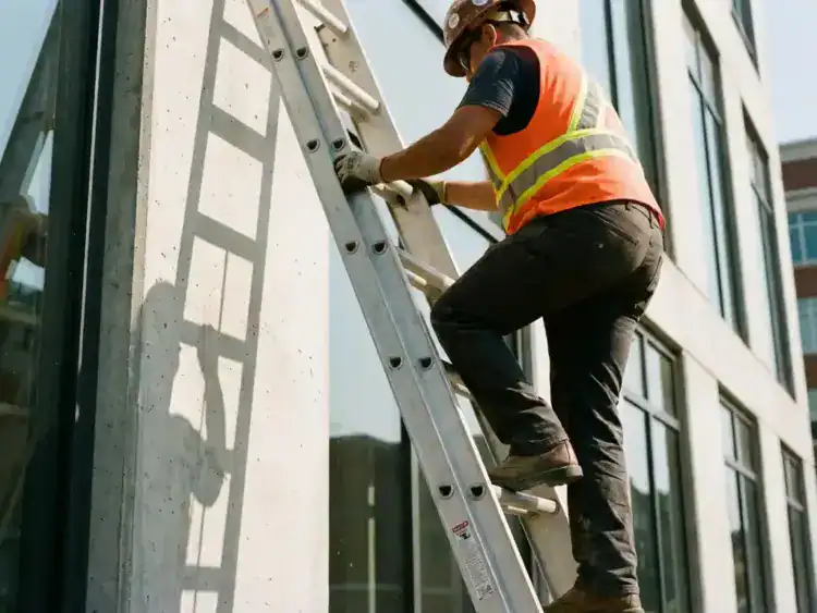 Bouwvakker in oranje veiligheidsvest klimt veilig op aluminium ladder tegen moderne kantoorgebouw gevel