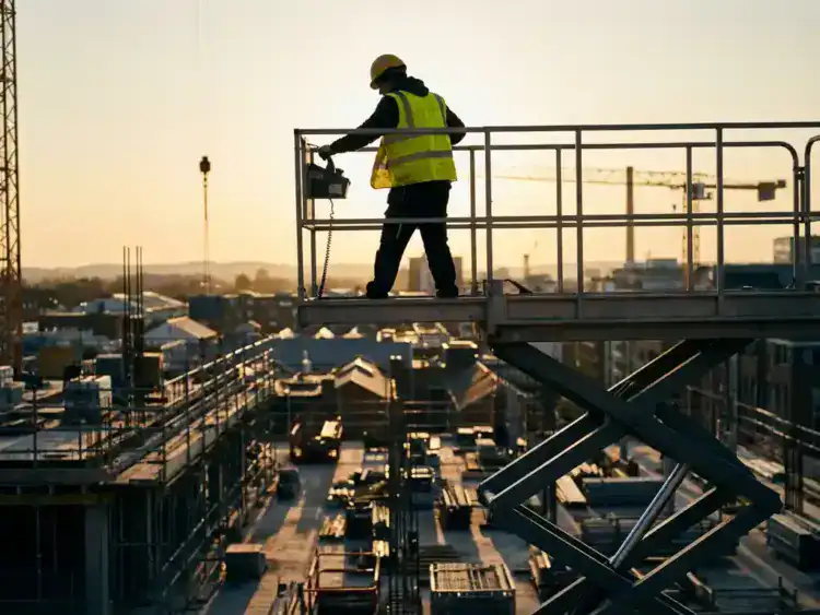 Bouwvakker in gele veiligheidsvest staat op hoogwerker boven bouwplaats, grijpt reling vast tijdens gouden uur