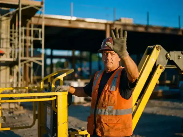Bouwvakker in oranje veiligheidsvest maakt stopgebaar naast gele hoogwerker op bouwplaats