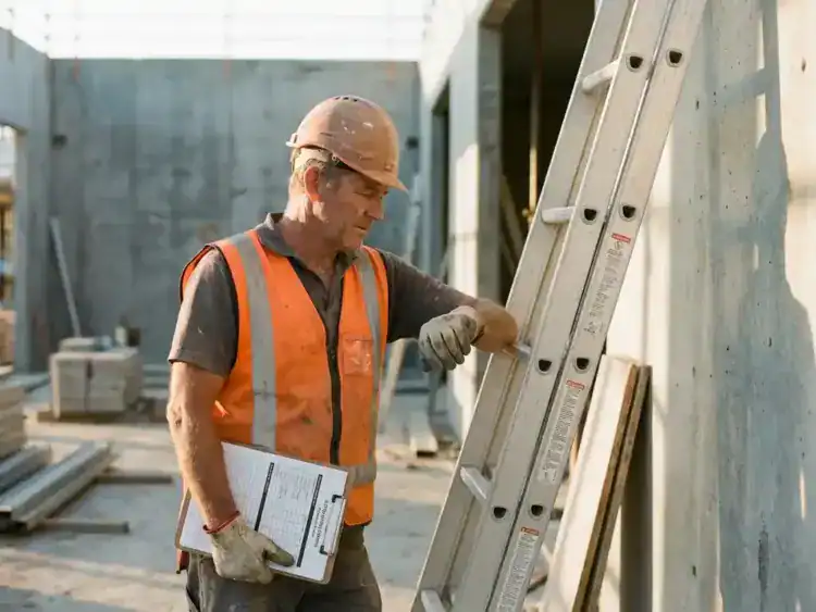 Bouwvakker in oranje veiligheidsvest plaatst aluminium ladder tegen betonnen muur op bouwplaats in middaglicht