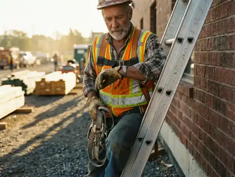 Bouwvakker in veiligheidsvest controleert horloge op aluminium ladder tegen bakstenen muur op bouwplaats