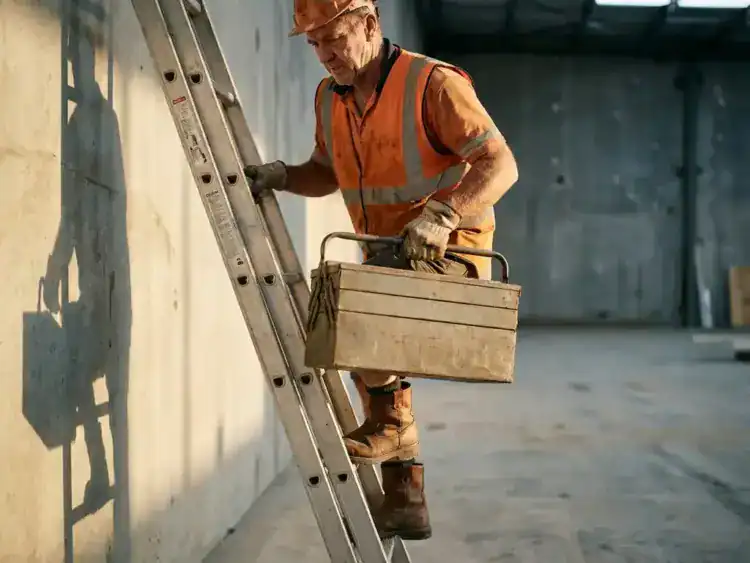 Bouwvakker in reflecterend vest tilt gereedschapskist op aluminium ladder tegen betonnen magazijnmuur