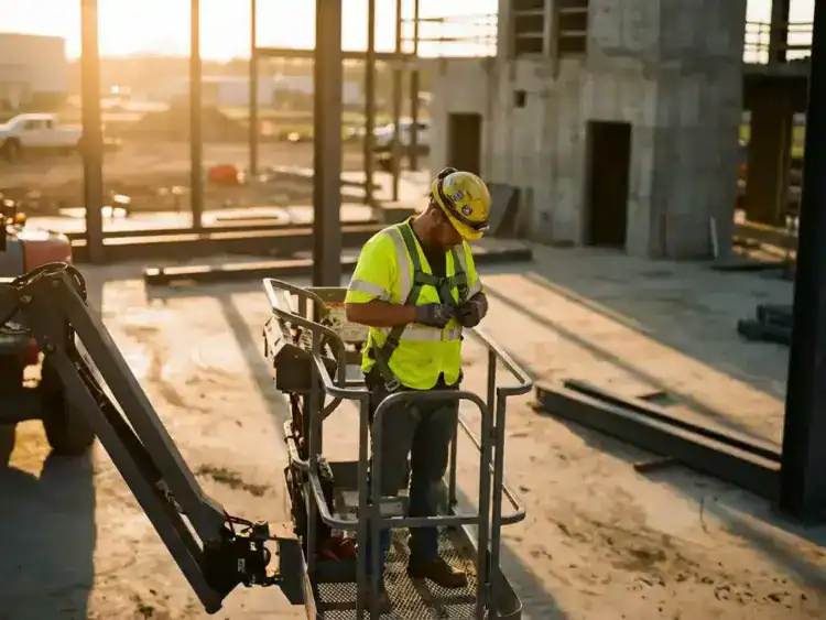 Bouwvakker in gele veiligheidskleding past harnas aan op schaarlift bij betonnen constructiesite tijdens gouden uur