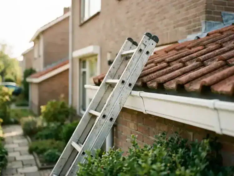 Aluminium uitschuifladder veilig geplaatst tegen witte dakgoot van Nederlands woonhuis met pannendak