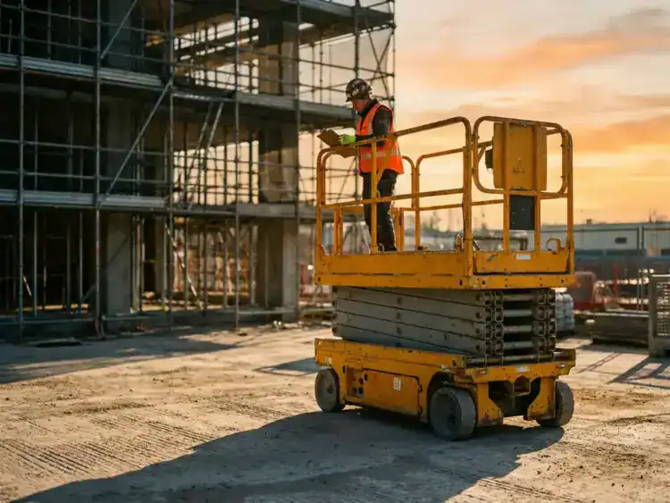 Gele hoogwerker met schaarlift op bouwplaats, operator in veiligheidspak controleert klembord bij steigers
