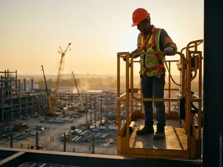 Bouwvakker op gele hoogwerker draagt oranje veiligheidshelm, bouwplaats met kranen ver beneden zichtbaar