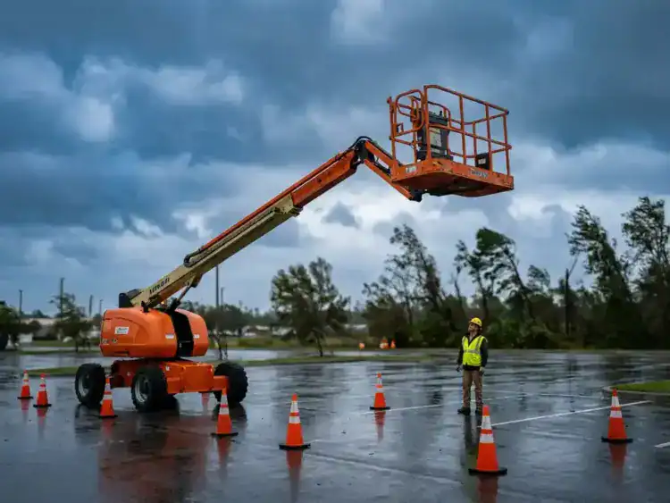 Oranje hoogwerker zwaait in sterke wind boven natte asfalt met veiligheidskegels, bouwvakker in hesje observeert vanaf grondniveau