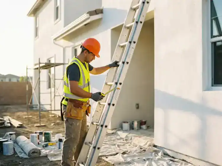 Professionele schilder in veiligheidsvest positioneert aluminium uitschuifladder tegen witte woonhuismuur met meetlint in hand
