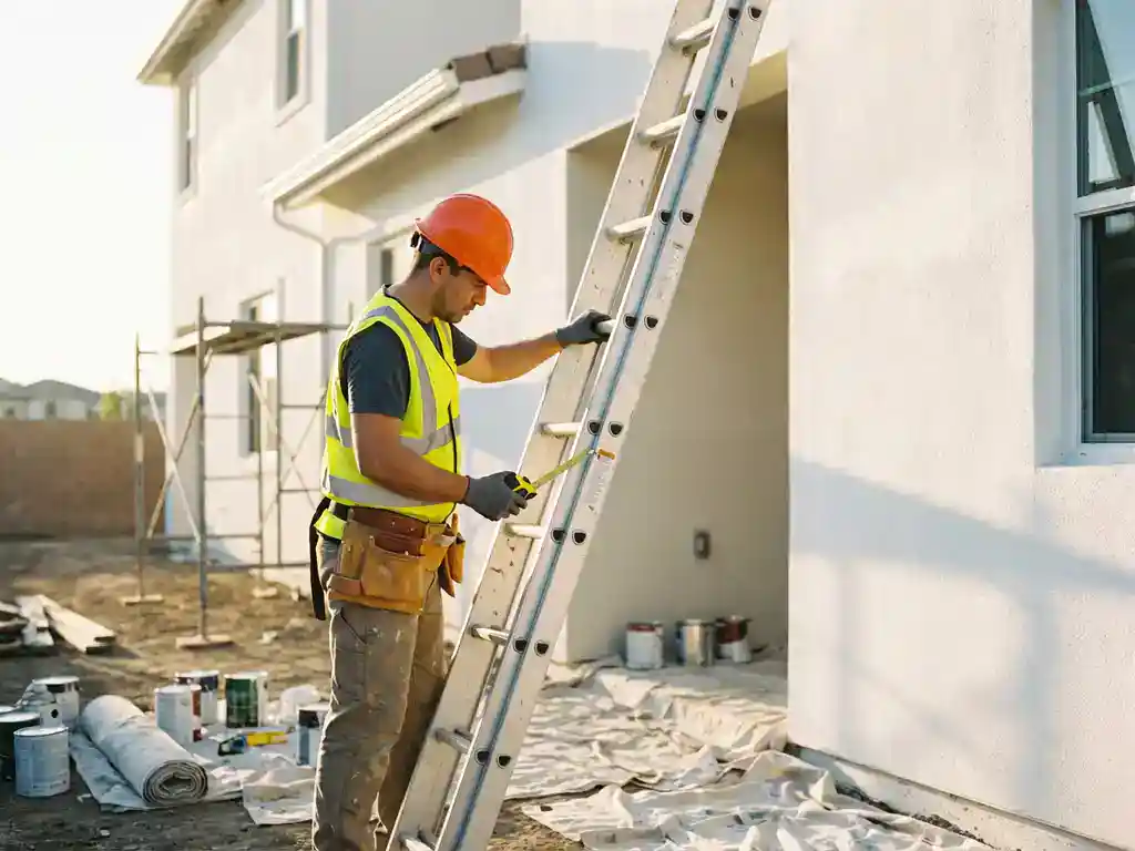 Professionele schilder in veiligheidsvest positioneert aluminium uitschuifladder tegen witte woonhuismuur met meetlint in hand