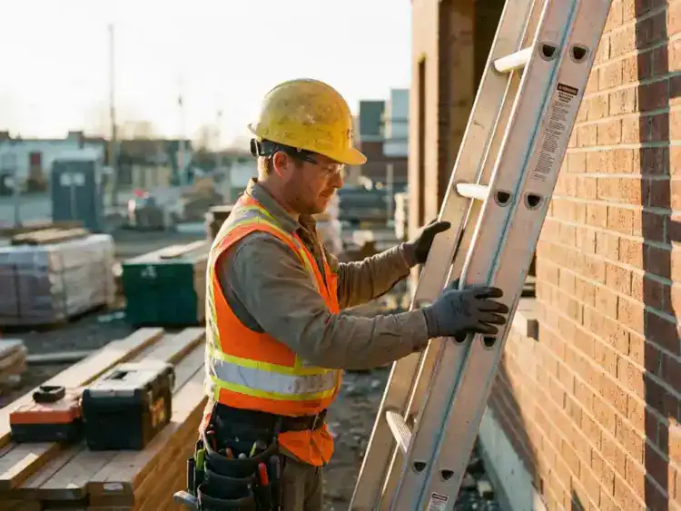 Bouwvakker in oranje veiligheidsvest plaatst aluminium uitschuifladder tegen bakstenen muur met juiste driepuntstechniek