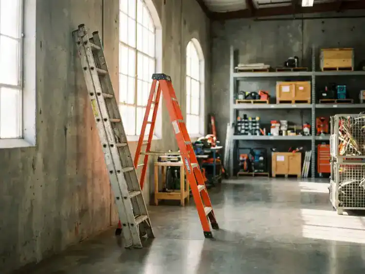 Aluminium uitschuifladder tegen betonnen muur naast oranje A-frame trapladder in industriële verhuurruimte