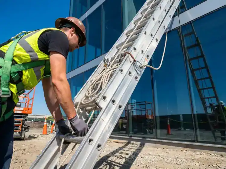 Professionele glazenwasser in veiligheidsuitrusting plaatst aluminium uitschuifladder tegen modern glazen kantoorgebouw