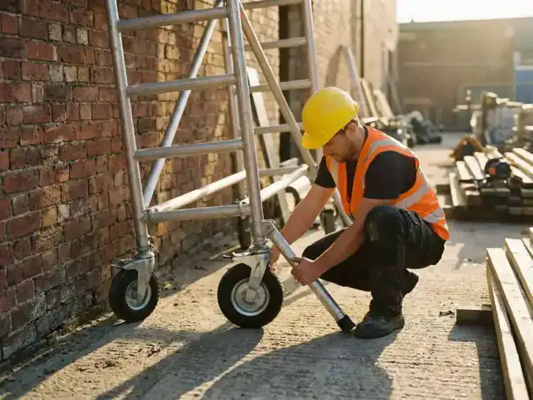 Bouwvakker positioneert mobiele rolsteiger tegen bakstenen muur, controleert wielsloten en stabilisatoren