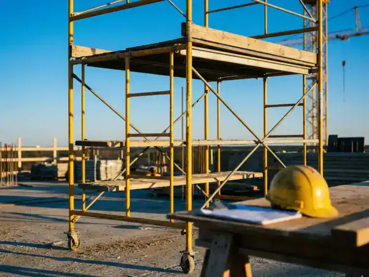 Gele mobiele steigertoren op betonnen bouwplaats met werkhelm en klembord op werkbank, ochtendlicht