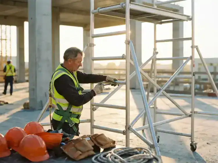 Bouwvakker monteert aluminium rolsteiger op betonnen bouwplaats tijdens gouden uur met veiligheidsuitrusting